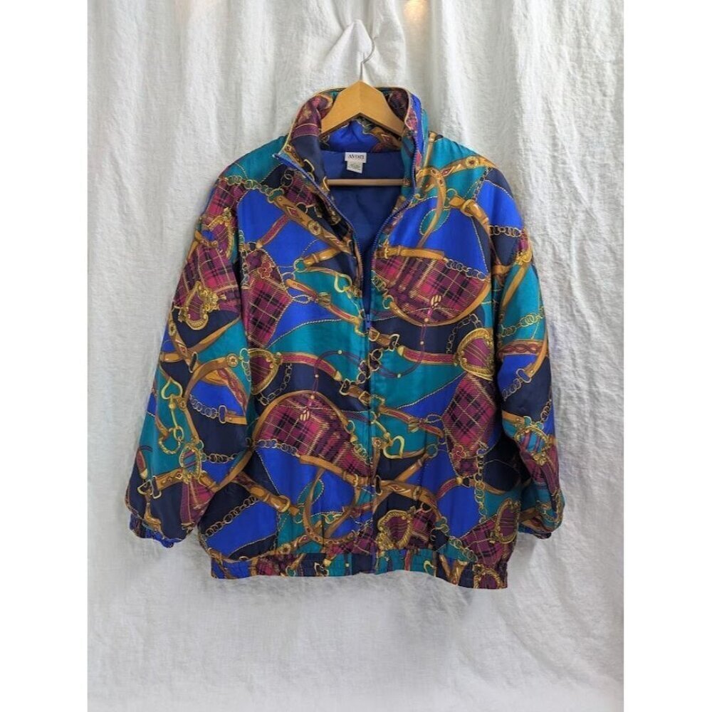 Avon Style women's sz Large 100% silk bomber jacket patch harness vintage 1990s